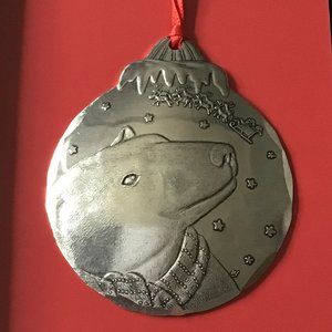Wendell August Crafted Metal Ornament Polar Bear watching Santa & Reindeer Fly